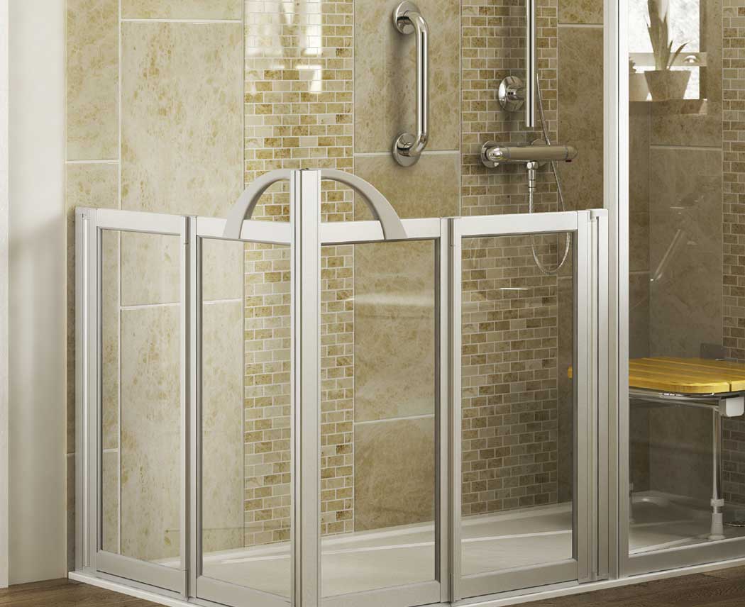 Half-height walk in shower with bifold doors