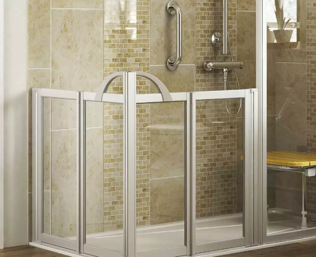 Half-height walk in shower with bifold doors