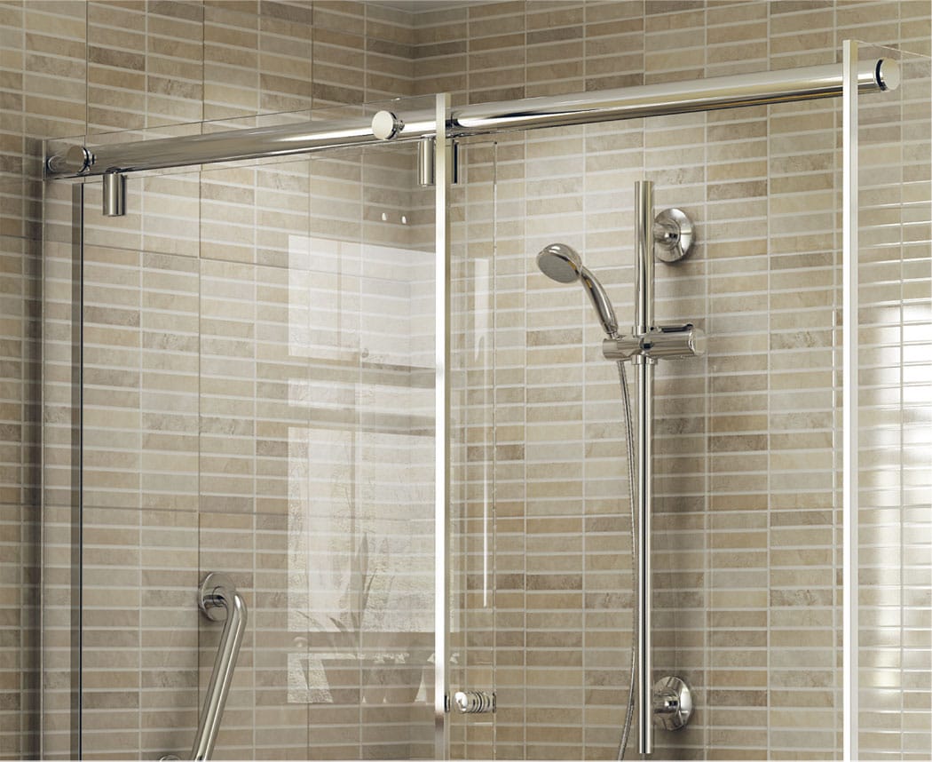 Rimless walk in shower with sliding door enclosure