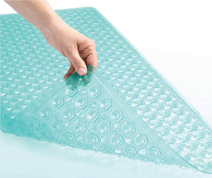 WELTRXE Non Slip Bath Mat for Bathroom 69 x 36 cm Blue Pebble Frosted Anti-Mould Anti Slip Plastic Oval Bathtub Shower Mat with Grip Suction Cups 