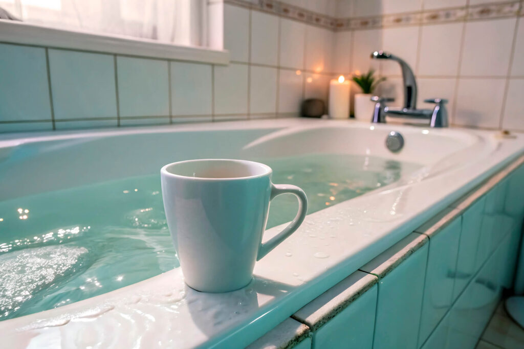 A white mug rests on the edge of a filled bathtub in a tiled bathroom, with lit candles and a plant near the faucet, creating a relaxing and cozy atmosphere.
