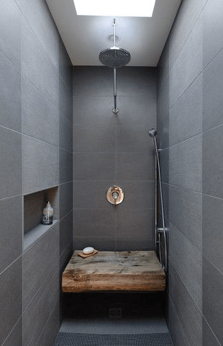 Natural wooden seat wet room