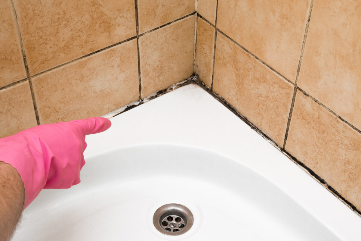 Hand in rubber protective glove pointing to the mould in the shower