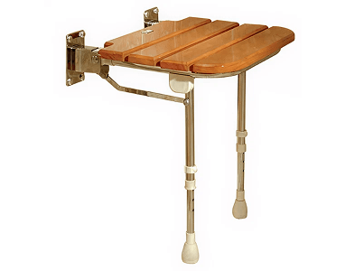 Wall-mounted fold-down shower seat with wooden slats and two metal support legs, designed for safety and comfort.
