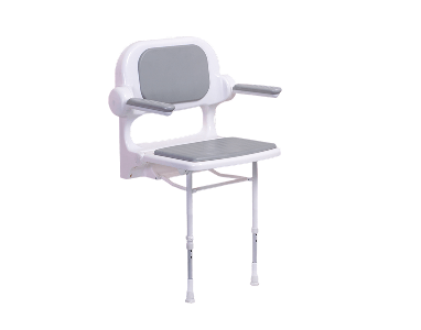 Wall-mounted fold-down shower seat with grey padded seat and backrest, white frame, and two adjustable support legs.