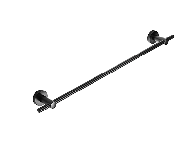 Matte black minimalist towel rail with two round wall mounts and a simple cylindrical bar.