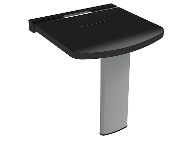 Fold-down shower seat with a black contoured plastic seat and a silver metal support leg, wall-mounted with a slim rectangular bracket.