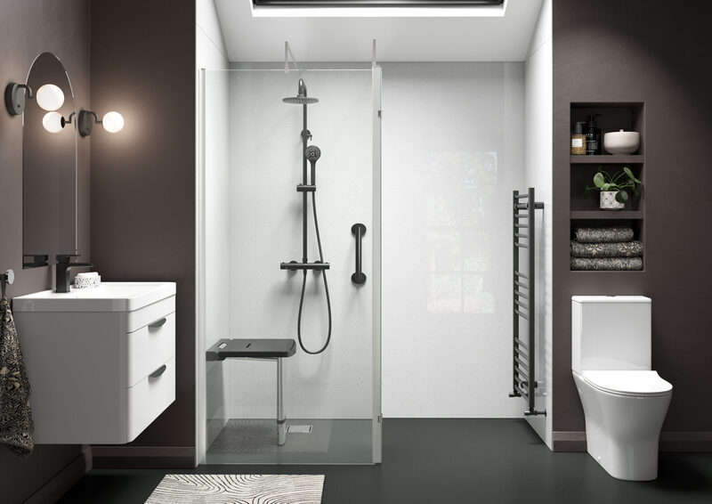 Modern accessible shower with glass screen, black grab bars and shower fittings, fold-down seat, and floating vanity.