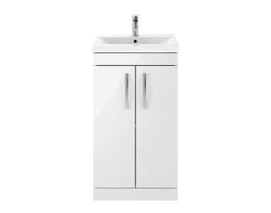 White freestanding bathroom vanity unit with built-in sink, featuring two doors with silver handles.