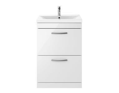 White bathroom vanity unit with built-in sink, featuring two drawers with sleek silver handles, taller than the previous unit.