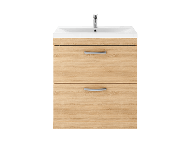Wood bathroom vanity unit with built-in sink, featuring two drawers with sleek silver handles.