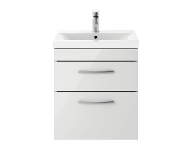 White bathroom vanity unit with built-in sink, featuring two drawers with sleek silver handles.