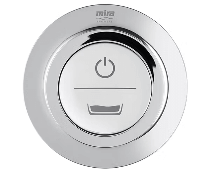 Close-up of a round, chrome bath filler control from Mira Showers. The control has two buttons: a power symbol on the top half and a bathtub icon on the bottom half. The Mira Showers logo is visible above the buttons on the chrome ring.