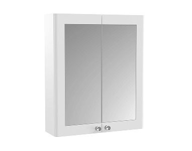Freestanding bathroom cabinet with two mirrored doors, white frame, and two small round chrome knobs.