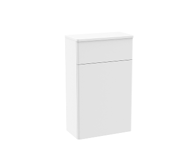 Freestanding bathroom cabinet in white with a single drawer above a door.