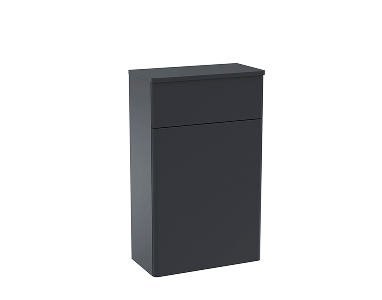 Freestanding dark grey cabinet with one drawer above a larger door, minimalist design, no visible handles.