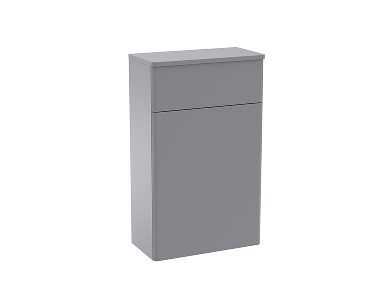 Freestanding light grey cabinet with one drawer above a larger door, minimalist design, no visible handles.