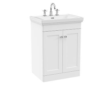 Freestanding white bathroom cabinet with two doors beneath a white basin, featuring a silver faucet with cross handles.