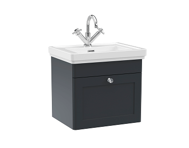 Wall-mounted dark grey bathroom cabinet with a white rectangular basin on top and a classic silver faucet with cross handles.