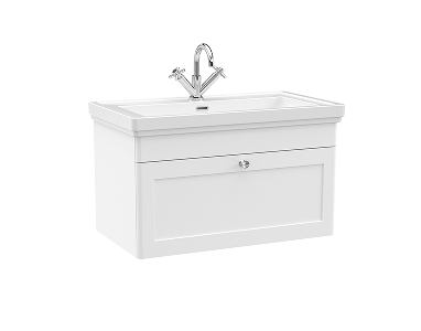 Wall-mounted white bathroom cabinet with a white rectangular basin on top and a classic silver faucet with cross handles.