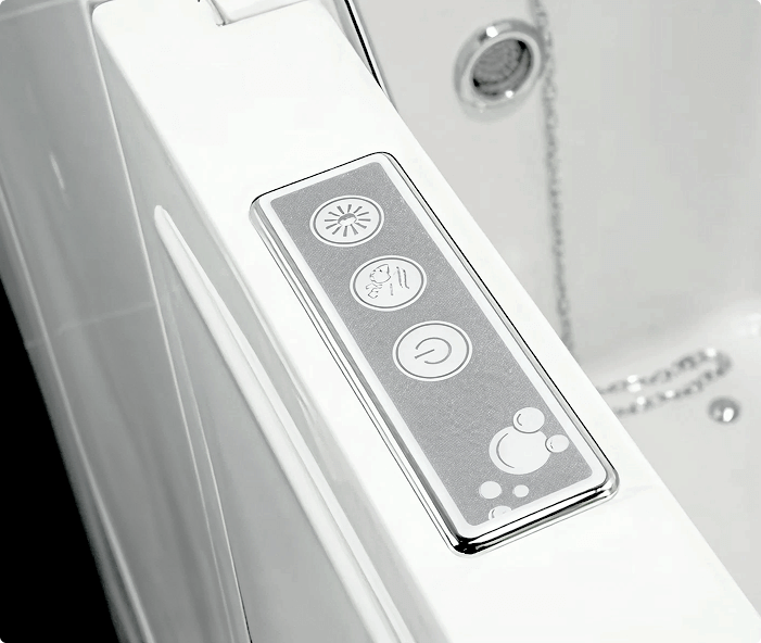 Detail from the Derwent bath, showing a chrome-edged control panel with simple backlit buttons for jets, lighting and power.