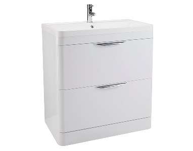 White vanity unit with integrated basin, featuring two curved drawers with silver handles.