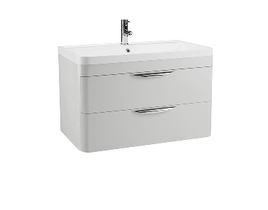 White wall-mounted vanity unit with integrated basin, featuring two curved drawers with silver handles.
