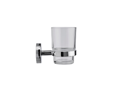 Chrome wall-mounted cup holder with a clear glass tumbler.
