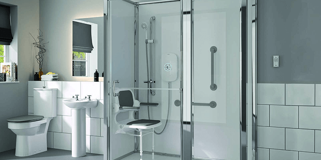 Accessible bathroom with enclosed shower featuring fold-down seat, grab bars, and handheld shower unit. Toilet and pedestal sink nearby.