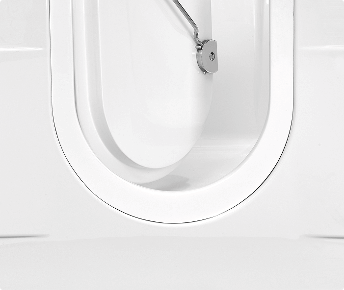 This is a close-up of the Leyburn walk-in bath door seal and threshold. It shows the secure sealing mechanism designed to prevent water leakage when the door is closed. The door has a curved shape with a smooth white finish, and there is a sturdy chrome locking handle to ensure safety and ease of use. The threshold is low to the floor to provide easy access for entering and exiting the bath.