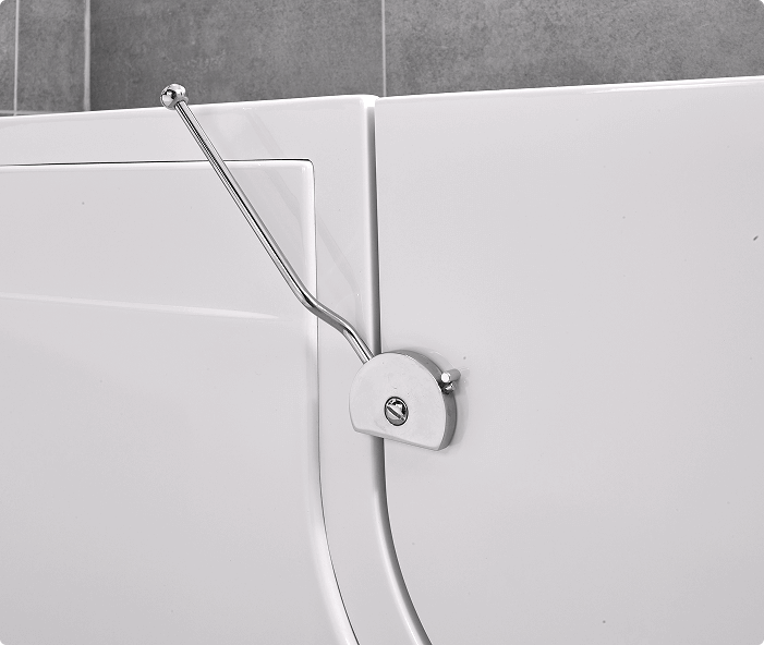 This is the lever handle for the Leyburn walk-in bath door. It features a polished chrome finish and is designed for easy operation, allowing users to open and close the bath door securely. The lever handle includes a lock mechanism to ensure safety and prevent accidental opening while the bath is in use. Its ergonomic design complements the Leyburn bath’s overall functionality and style.