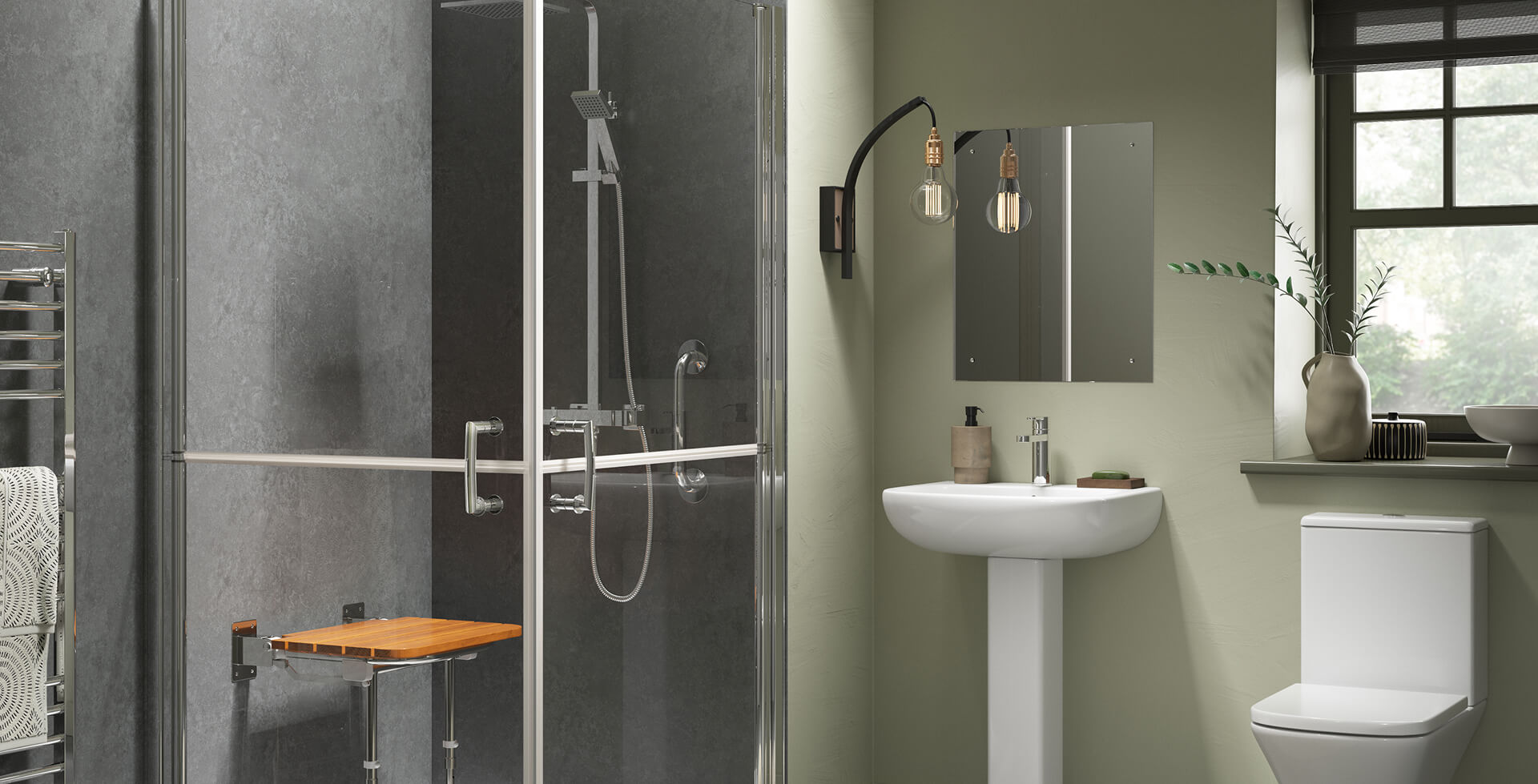 Modern accessible bathroom with a walk-in shower, wall-mounted wooden seat, grab rails, and neutral decor with soft green walls