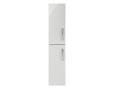 Tall white bathroom storage cabinet with two doors, featuring silver handles and a slim design.