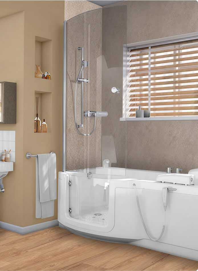 Contemporary bathroom with a walk-in bath and shower screen, featuring a side-opening door, handheld shower, and wood-effect flooring