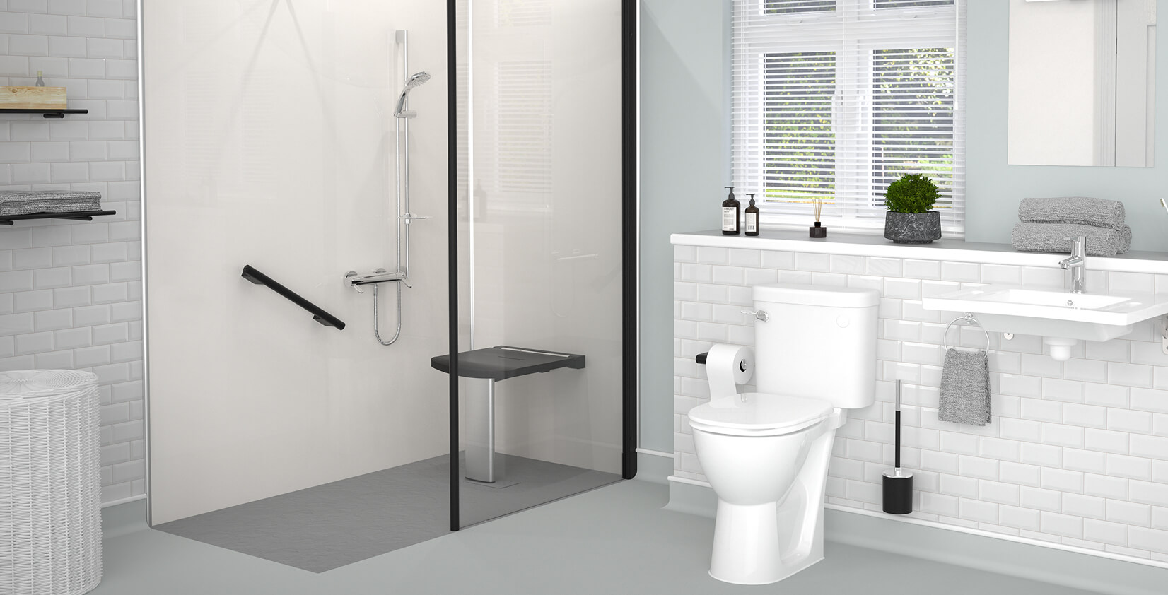 Accessible bathroom with walk-in shower, grab bars, fold-down seat, toilet, floating sink, and clean modern decor.