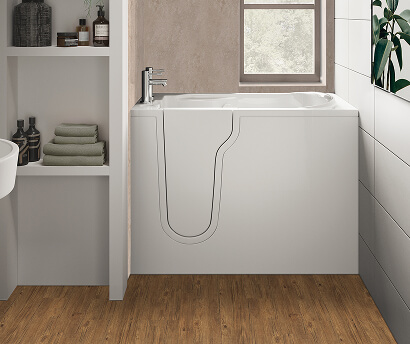 The Derwent bath shown in a bright, modern bathroom. Its sleek shape, inward-opening door and compact profile make it ideal for smaller spaces without compromising on comfort.