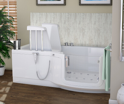 The Rushmere walk-in bath with powered seat, wide-opening door and textured base, set in a neutral bathroom with wood-effect flooring.