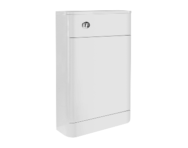 Compact white storage cabinet with a small drawer on top and a larger cupboard door below, featuring a single round silver handle on the drawer.
