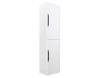 Tall white cabinet with two doors and recessed handles, standing upright.