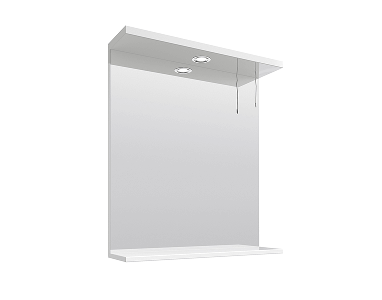 White bathroom mirror with a built-in shelf along the bottom edge and two built-in down lights on the top panel, featuring two pull cords.