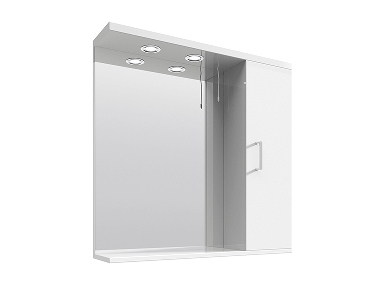 White bathroom cabinet with a mirrored back panel on the left side, a right side cupboard door with handle, and four built-in down lights on the top panel.
