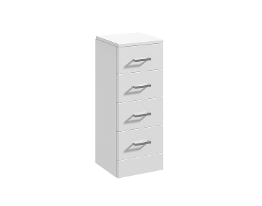 Tall, narrow white bathroom cabinet with four drawers, each fitted with a horizontal silver handle.