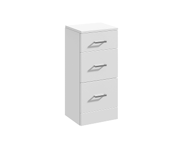 Tall, narrow white bathroom cabinet with three drawers, each fitted with a horizontal silver handle.