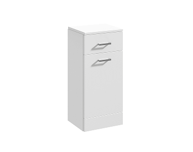 White slimline cabinet with one drawer and one cupboard door, both fitted with silver handles.