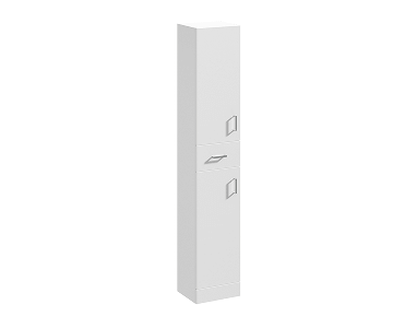 Tall white slimline cabinet with two cupboards and one drawer, each fitted with a silver handle.