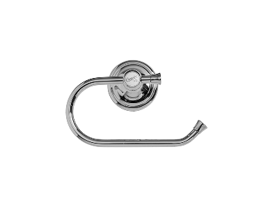Chrome toilet roll holder with classic round wall mount and decorative central detail, featuring a curved arm with a tapered end.