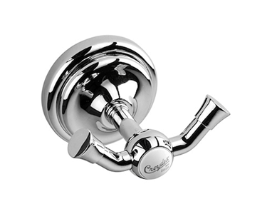 Chrome double robe hook with classic round wall mount and decorative central detail.