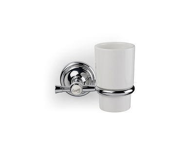 Chrome wall-mounted cup holder with a white glass tumbler.
