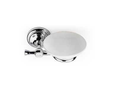 Wall-mounted soap dish with a white round glass tray and chrome holder featuring a circular wall mount.
