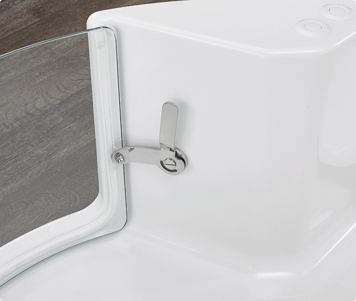 This image shows a close-up of the door latch mechanism on the Rushmere walk-in bath. The latch is designed for secure and easy opening and closing of the bath door, featuring a robust metal handle that ensures a tight seal to prevent water leaks while bathing. The transparent door panel enhances visibility and the overall aesthetic of the bath.
